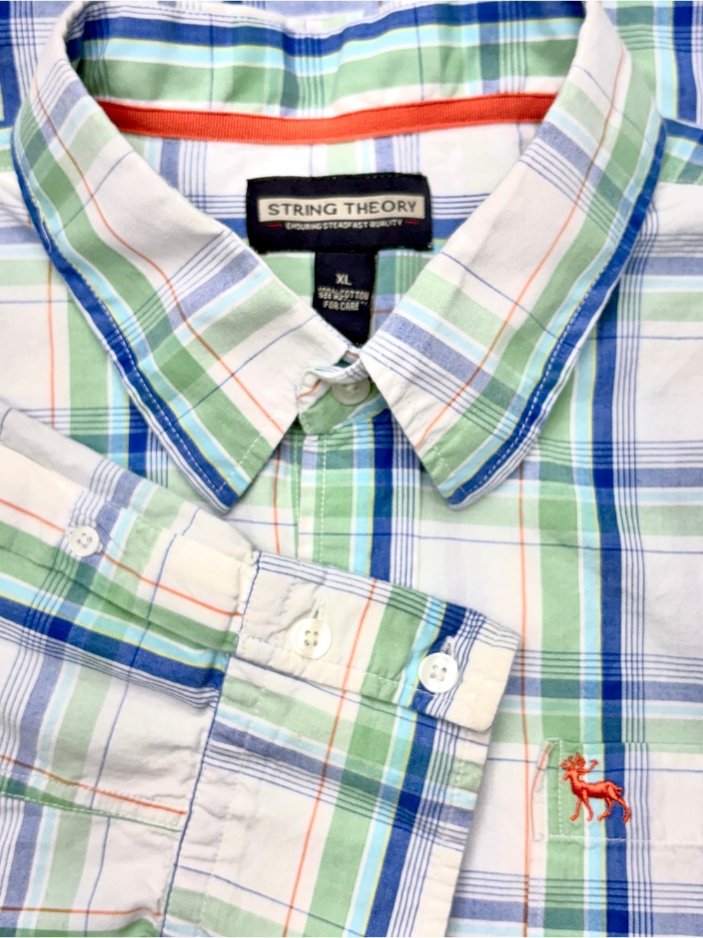 String Theory Plaid Button Down Shirt Men’s XL Wht Blue Green Lightweight Cotton